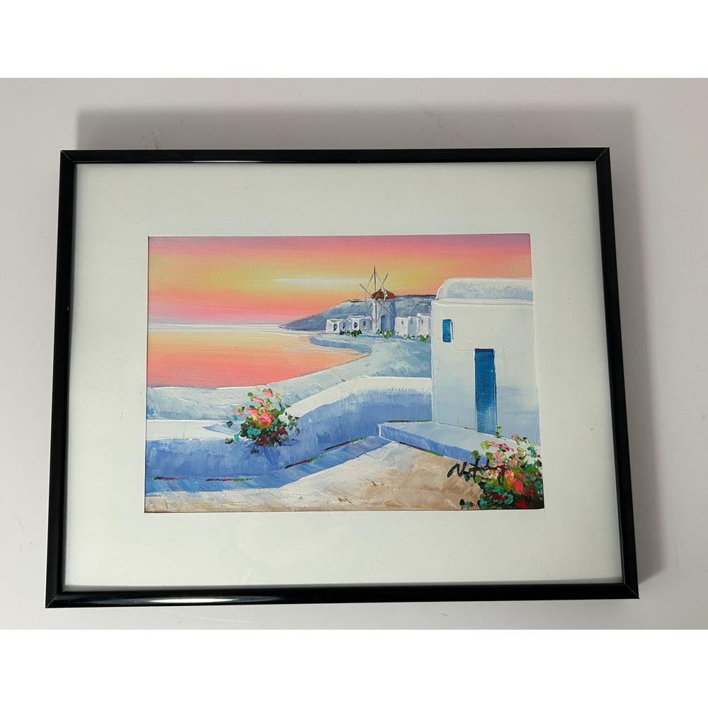 Original Greek Island Sunset Oil Painting‎ Signed Framed Windmill Landscape
